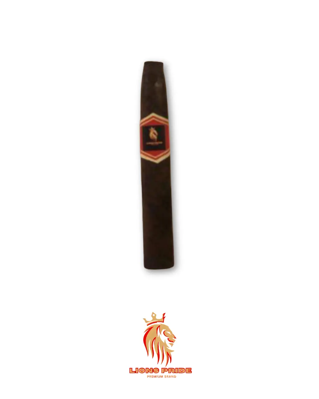 Label artwork on a dark wrapper, red and gold hexagon band framing the crowned lion