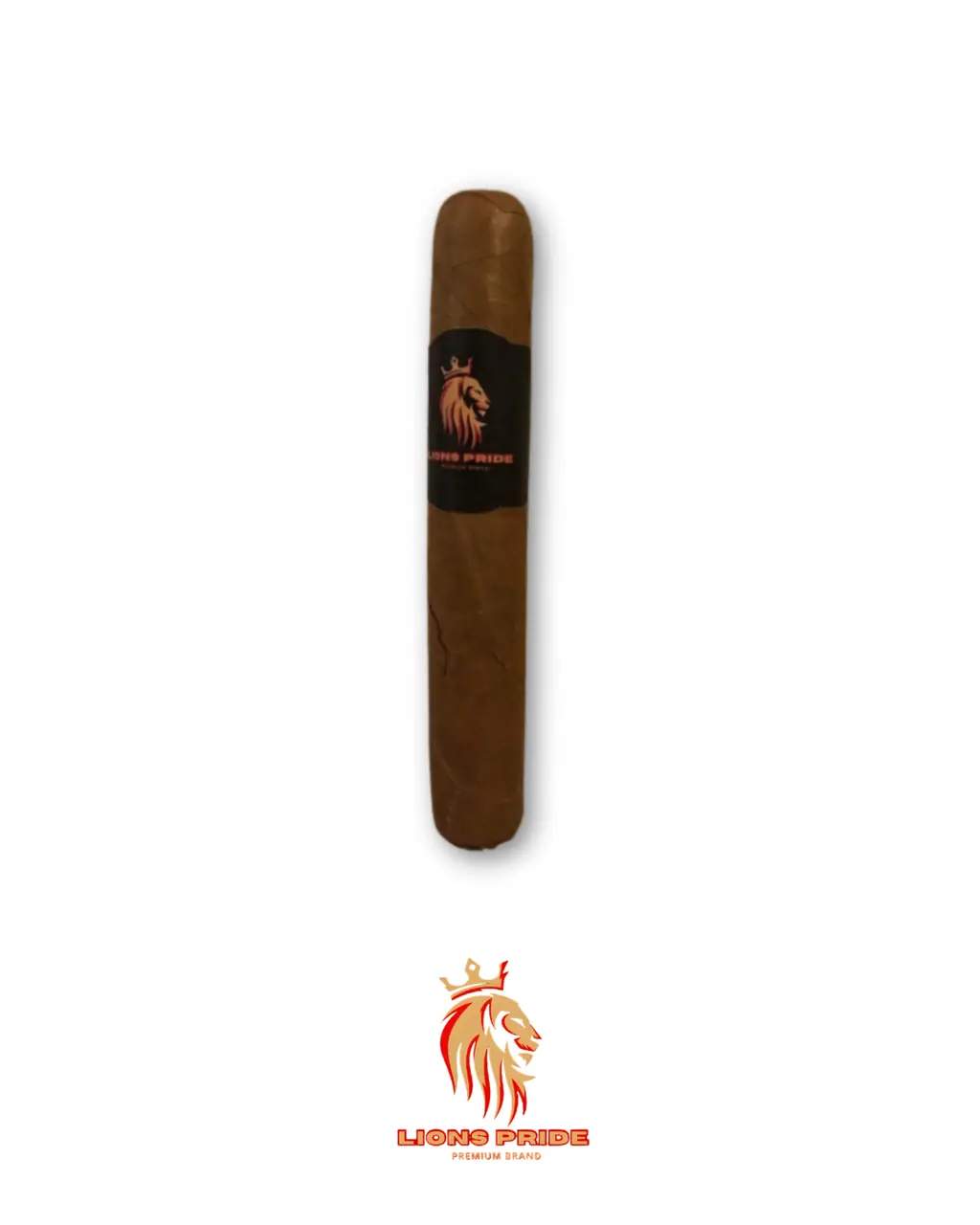 Label artwork on a natural wrapper, black band carrying the crowned lion in gold and red